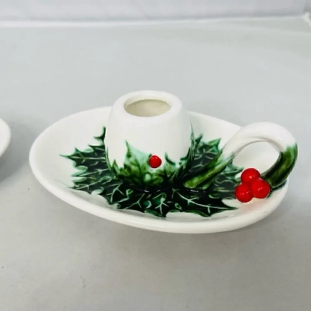 2 Lefton White Green Holly Berry Candle Holders - No 1341 The item size is 5